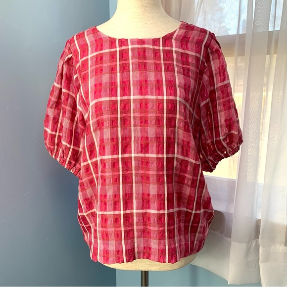 NWT Madewell Azalea Plaid Short Puff Sleeve Popover Top - Picture 3 of 10